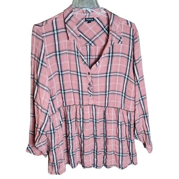 Torrid 4 Women 4x Peach Pink Plaid Twill Peplum Shirred Waist Blouse Shirt - Picture 3 of 8